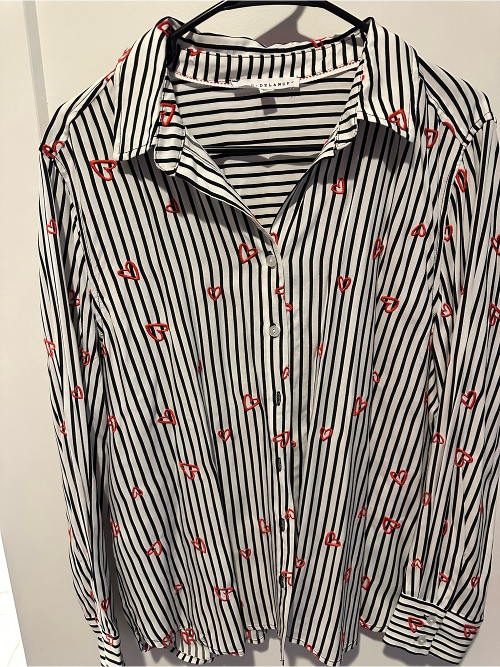 JANE + DELANCEY Black & White Striped Button-Up Top with Red Stitch Accent